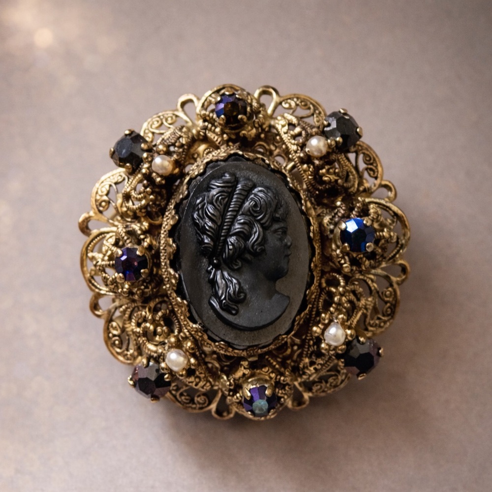 WEST GERMANY Victorian Revival Cameo Rhinestone Brooch